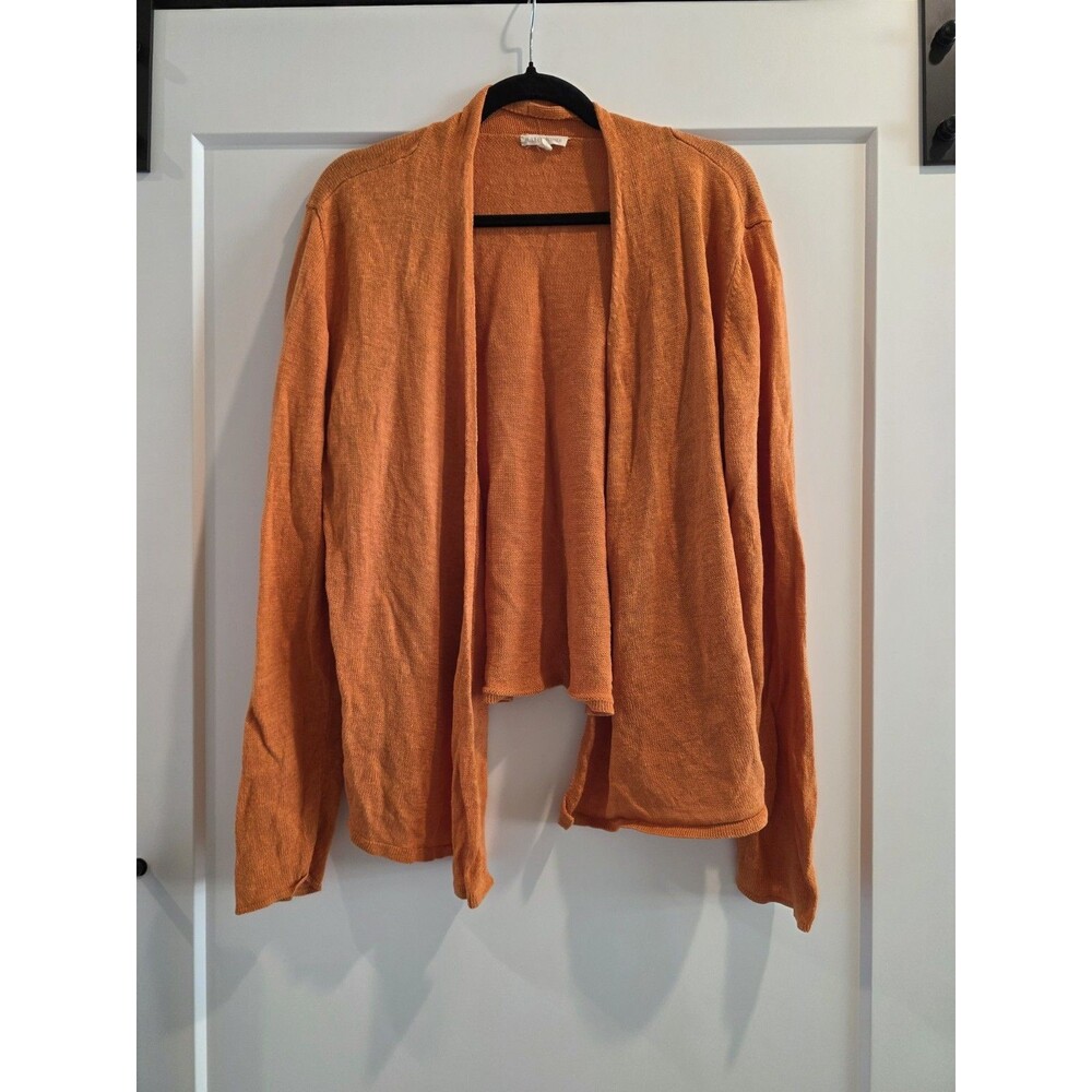 Eileen Fisher Orange Open Knit Cardigan Long Sleeve Shrug Size Large Linen Boho